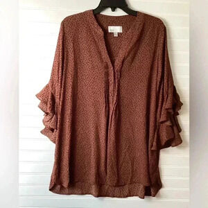 Nordstrom Rack Brown Leopard Print Ruffled 3/4 Sleeves V neck Top Blouse size 2X